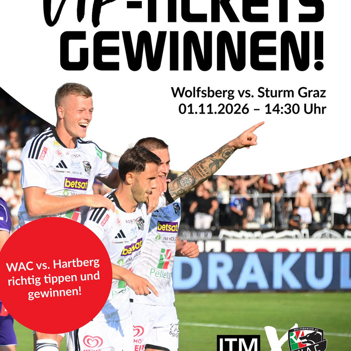🏟️ WAC gegen Sturm Graz aus dem VIP-Bereich erleben?

Mit dem ITM Tippspiel habt ihr die Chance auf 2x2 VIP-Karten für...